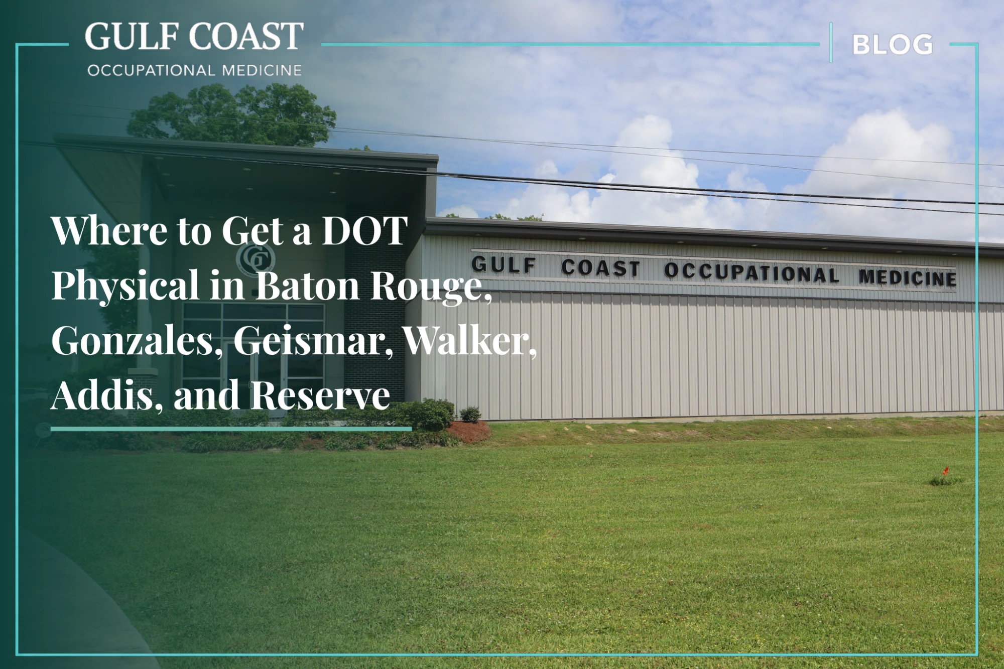 Exterior view of Gulf Coast Occupational Medicine's modern medical facility featuring a large metal building, main entrance with glass doors, landscaped grounds, and prominent company signage on the front of the building.